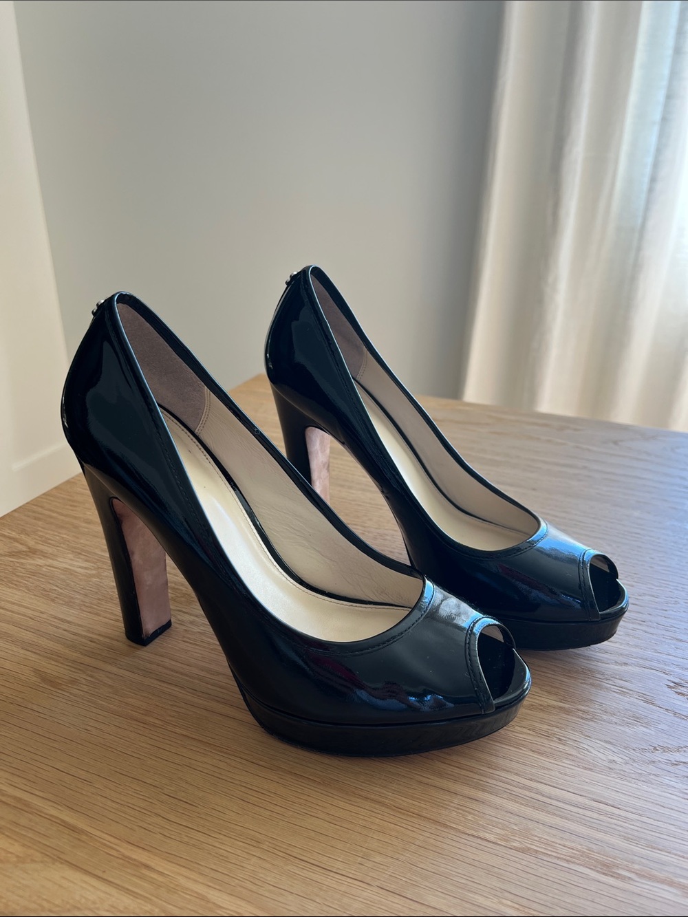 Coach Breana Black Patent Peep-Toe High Heels
